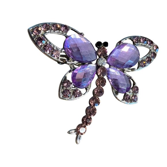 Purple Gemstone Dragonfly Brooch Pin  Silver-Tone Metal Elegant Jewelry Accessor - Picture 6 of 7